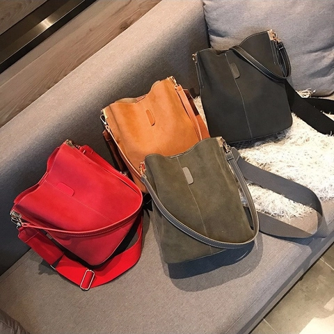 Women Nubuck PU Leather Bucket Bag Large Capacity Crossbody With Wide Webbing Shoulder Strap And Contrast Stitching