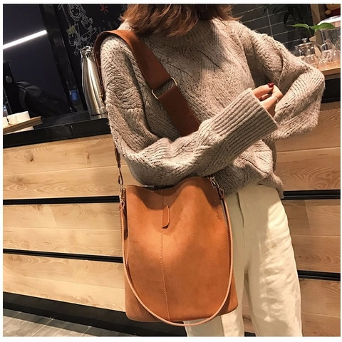 Women Nubuck PU Leather Bucket Bag Large Capacity Crossbody With Wide Webbing Shoulder Strap And Contrast Stitching
