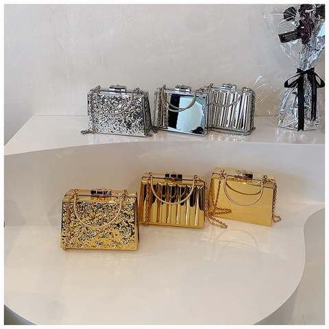 Abendtasche Für Damen Metalloptik Acryl Hartschale Box Clutch Mit Schulterkette Und Handgriff Für Partys