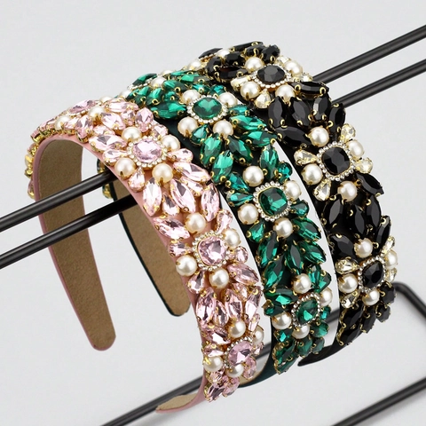 Baroque Wide Brim Rhinestone Headband For Women Luxury Faux Artificial Pearl Crystal Hair Hoop Vintage Korean Style Party Wedding Hair Accessories