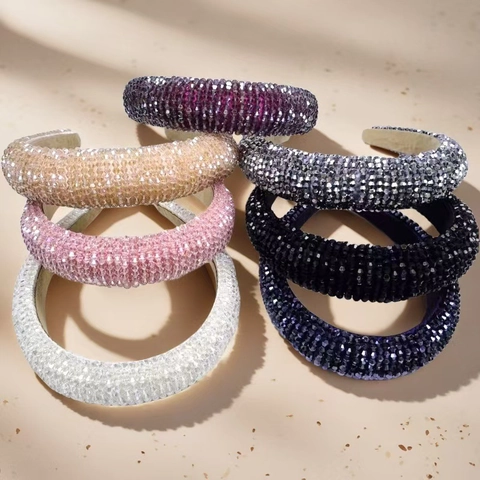 Rhinestone Padded Headband Crystal Beaded Wide Sponge Hairband Sparkly Hair Accessory For Women Luxury High Top
