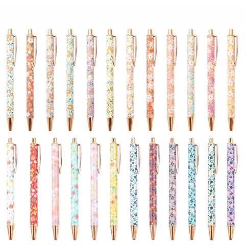 Elegant Floral Retractable Ballpoint Pen Rose Gold Metal Accents Pastoral Style Fresh Office School Writing Pen For Women Students