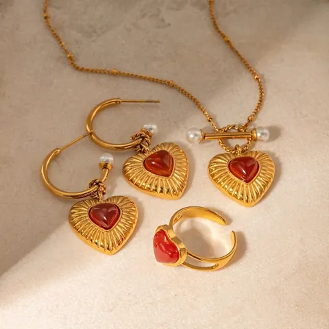 18K Vergoldeter Edelstahl Roter Achat Herz Anhänger Halskette Für Damen Vintage Elegante Künstliche Perle OT Schnalle Schmuck