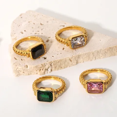 Anillo Vintage de Acero Inoxidable con Banda Torsionada para Mujer con Diamante de Imitación Rectangular Joyería de Moda