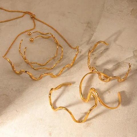 Minimalist Stainless Steel Wave Design Necklace And Bracelet For Women 18K Gold Plated Irregular Curved Jewelry Gift