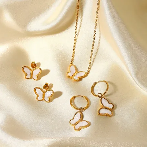 18K Gold Plated Stainless Steel Butterfly White Shell Pendant Necklace Minimalist Butterfly Stud Earrings For Women Jewelry