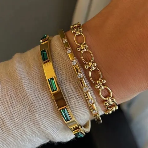 Fashion Stainless Steel Rhinestone Bangle For Women Gold Plated Geometric Bangle Vintage INS Style Summer Jewelry Accessory Gift