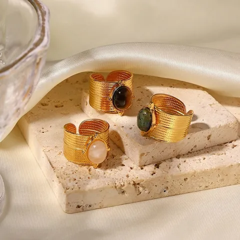 Bague Large Vintage En Acier Inoxydable Plaqué Or 18K Ajustable Avec Pierre Naturelle Ovale Pour Femmes Hommes