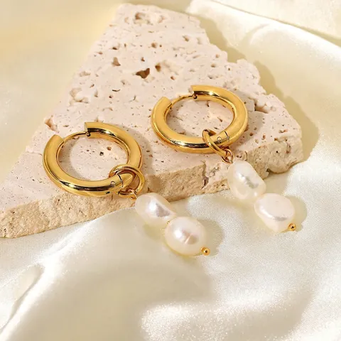 Hoop Earrings With Freshwater Pearls 18K Gold Plated Stainless Steel French Retro Elegant For Women