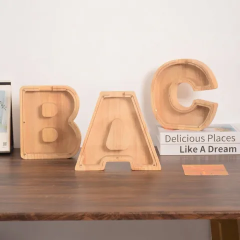 Moderne Minimalistische Holz Alphabet Buchstaben Sparschwein Transparent Acryl Spardose Graviert Holz Spardose Deko Für Kinder