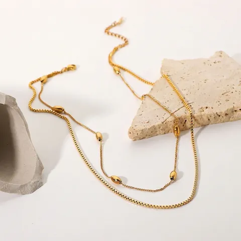18K Vergoldete Edelstahl Doppellagige Halskette Für Damen Minimalistische Ovale Perlen Box Kette Layered Kette Schmuck Geschenk