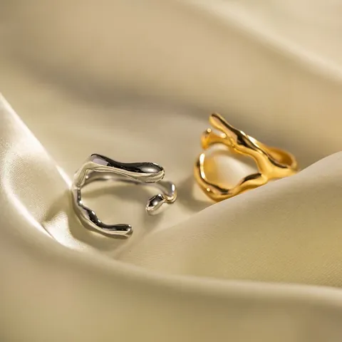 Edelstahl Unregelmäßig Geometrisch Offen Ring Für Damen 18K Vergoldet Geschmolzene Lava Stil Verstellbar Mode Fingerring Schmuck