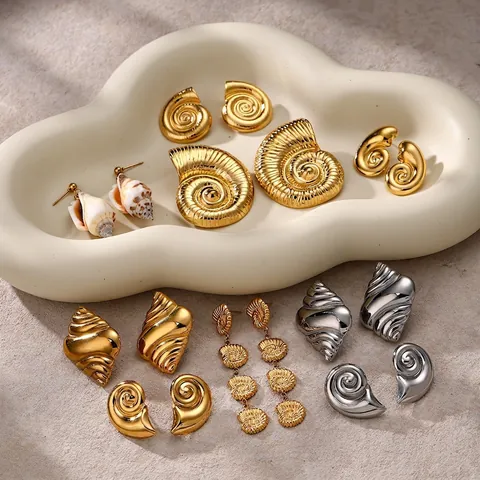 Fashion Ocean Conch Stainless Steel Stud Earrings For Women Gold Plated Seashell Spiral Shell Beach Vacation Jewelry