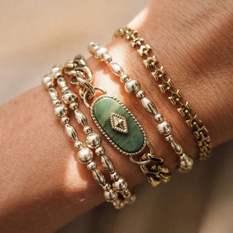 Vintage Titaniumstaal Armband Groene Natuursteen Afrikaanse Jade Ingelegd Verguld Geometrische Sieraden Voor Dames
