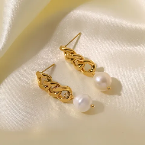 Boucles d'Oreilles Pendantes en Acier Inoxydable Plaqué Or 18K Chaîne Cubaine Perle d'Eau Douce pour Femme Bijoux Géométriques