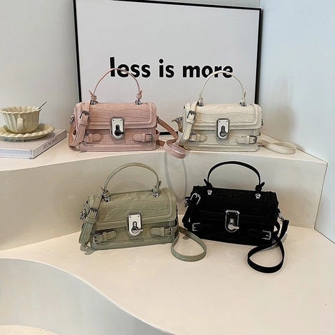 Women Crossbody Bag Crocodile Pattern PU Leather Square Handbag With Silver Metal Twist Lock And Top Handle Chic Modern