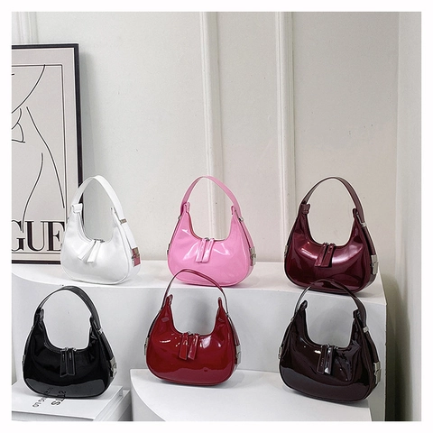 Patent Leather Hobo Bag Women Shiny Half Moon Underarm Shoulder Handbag Trendy Zipper Purse Versatile Chic Accessories