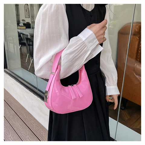 Patent Leather Hobo Bag Women Shiny Half Moon Underarm Shoulder Handbag Trendy Zipper Purse Versatile Chic Accessories