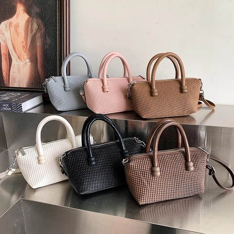 Gewebte Textur PU Leder Handtasche Schicke Henkeltasche Mit Abnehmbarem Schultergurt Minimalistische Umhängetasche Damen