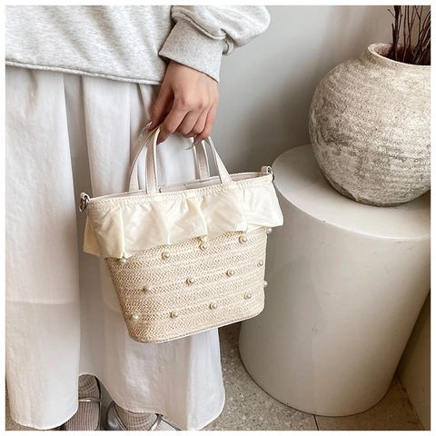 Borsa A Tracolla In Paglia Intrecciata Da Donna Con Künstliche Perle Sintetiche E Volant In Tessuto Elegante Borsa A Secchiello