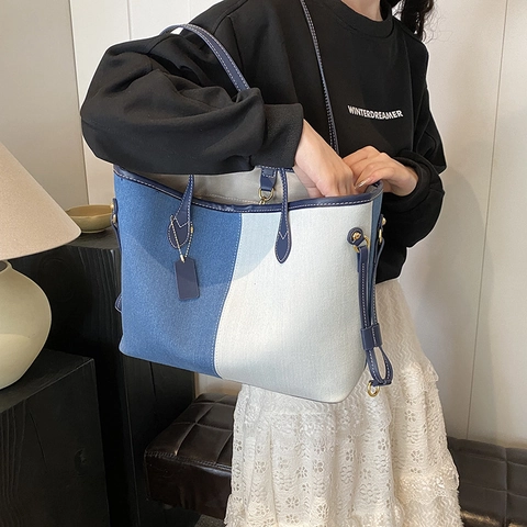 Borsa Tote Patchwork In Denim Da Donna Grande Capacità Pelle PU Cuciture A Contrasto Casual Quotidiana Borsa A Tracolla