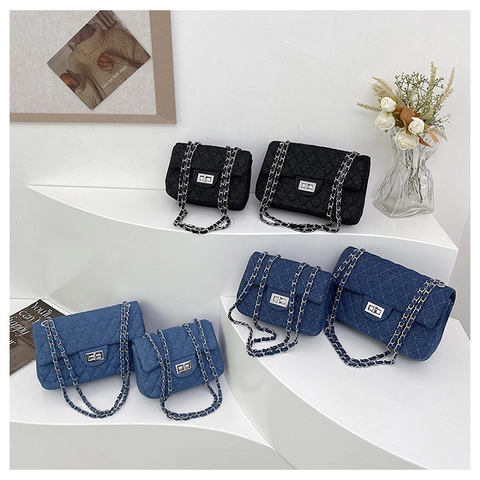Women Quilted Flap Shoulder Bag Denim Jeans And PU Leather Chic Retro Chain Strap Versatile Crossbody For Daily Wear