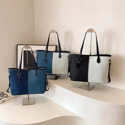 Borsa Tote Patchwork In Denim Da Donna Grande Capacità Pelle PU Cuciture A Contrasto Casual Quotidiana Borsa A Tracolla