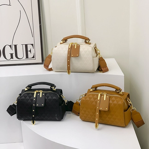 Geometric Triangle Pattern PU Leather Boston Bag Women Crossbody Shoulder Handbag Golden Hardware Rivets Chic
