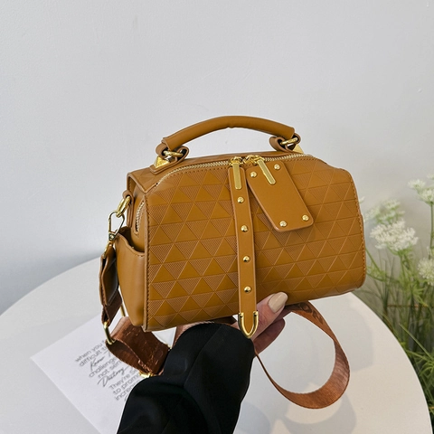 Geometric Triangle Pattern PU Leather Boston Bag Women Crossbody Shoulder Handbag Golden Hardware Rivets Chic
