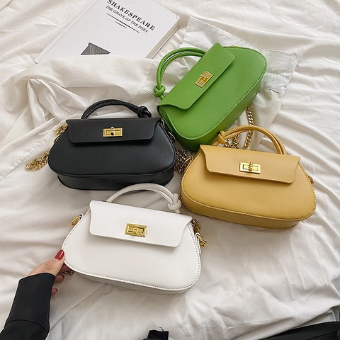 Women Shoulder Bag PU Leather Knotted Handle Gold Chain Strap Flap Metal Lock Square Crossbody Handbag Fashion Trendy Bag