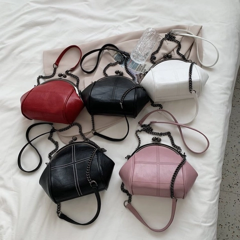 Retro Crossbody Bag PU Leather Kiss Lock Clasp Chain Strap Contrast Stitching Vintage Shoulder Bag For Women