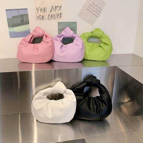 Chic Women Handbag Soft PU Leather Pleated Knot Handle Cloud Dumpling Hobo Bag For Daily Street Style Minimalist