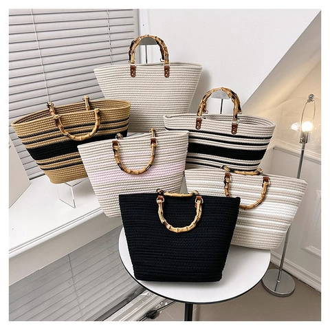Gewebte Gestreifte Stroh-Tragetasche Mit Natürlichem Bambusgriff Retro Sommer Strand Urlaub Handtasche Für Damen Große Kapazität
