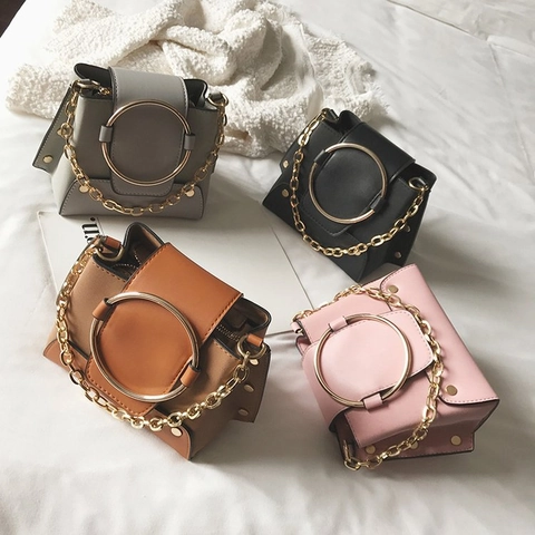 Borsa A Tracolla Retrò In Pelle PU Da Donna Con Manico Rotondo In Metallo E Tracolla A Catena Borsa A Mano Quadrata Piccola