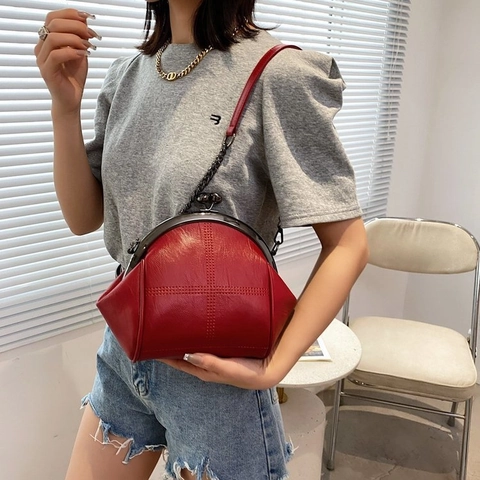 Retro Crossbody Bag PU Leather Kiss Lock Clasp Chain Strap Contrast Stitching Vintage Shoulder Bag For Women