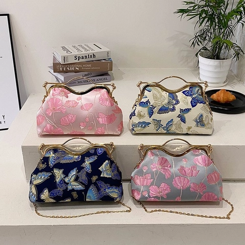 Vintage Floral Butterfly Embroidery Evening Clutch Bag Fabric Crossbody Handbag Metal Frame Handle Chain Strap Party Purse