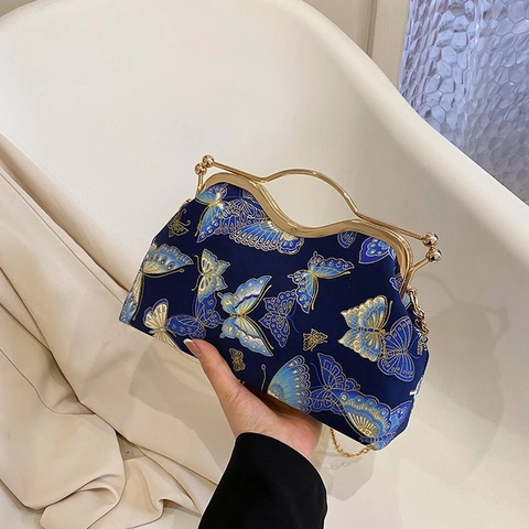 Vintage Floral Butterfly Embroidery Evening Clutch Bag Fabric Crossbody Handbag Metal Frame Handle Chain Strap Party Purse