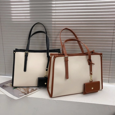 Large Capacity PU Leather Tote Bag Contrast Color Trim Women Shoulder Handbag With Mini Pouch Adjustable Strap