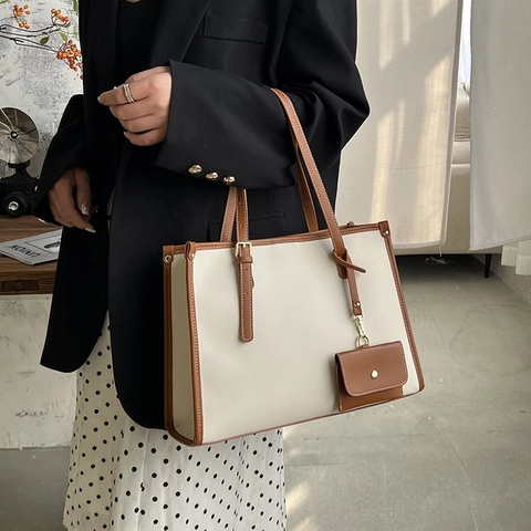 Large Capacity PU Leather Tote Bag Contrast Color Trim Women Shoulder Handbag With Mini Pouch Adjustable Strap