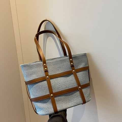 Vintage Dames Denim Tote Bag Grote Capaciteit Handtas Met PU Leren Bandjes En Metalen Klinknagels Decoratie Casual Street Style