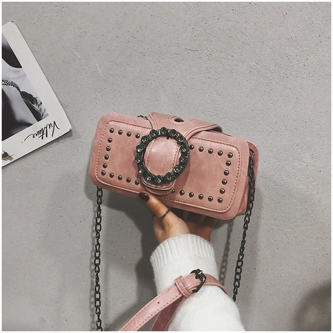 Retro PU Leder Umhängetasche Für Damen Mit Strass Rundschnalle Nieten Dekor Metallkettengurt Mehrere Fächer