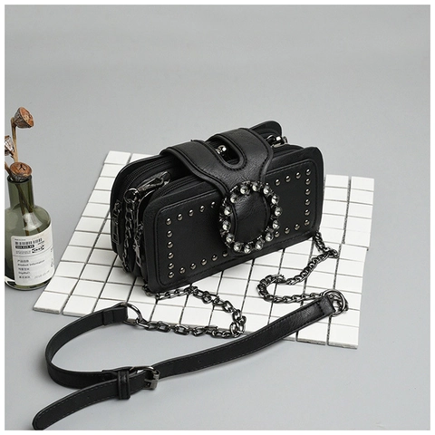 Retro PU Leder Umhängetasche Für Damen Mit Strass Rundschnalle Nieten Dekor Metallkettengurt Mehrere Fächer