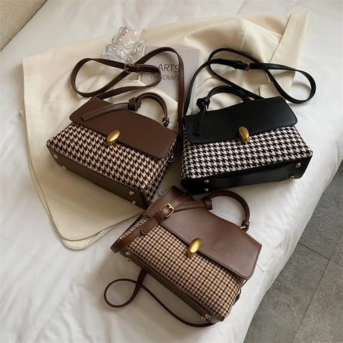 Borsa A Tracolla Da Donna Vintage Patchwork Pied De Poule In Pelle PU Elegante Borsa A Mano Con Chiusura In Metallo Dorato