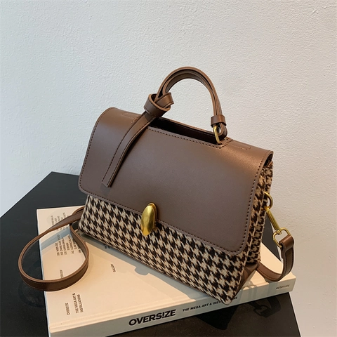 Borsa A Tracolla Da Donna Vintage Patchwork Pied De Poule In Pelle PU Elegante Borsa A Mano Con Chiusura In Metallo Dorato