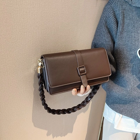 Women PU Leather Shoulder Bag With Braided Strap Flap Square Buckle Handbag For Daily Commute Elegant Urban Fashion