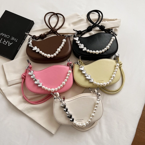 Women Crescent Shoulder Bag PU Leather With Artificial Pearl Heart Decoration Chain Chic Underarm Handbag Solid Color