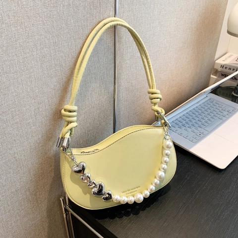 Women Crescent Shoulder Bag PU Leather With Artificial Pearl Heart Decoration Chain Chic Underarm Handbag Solid Color