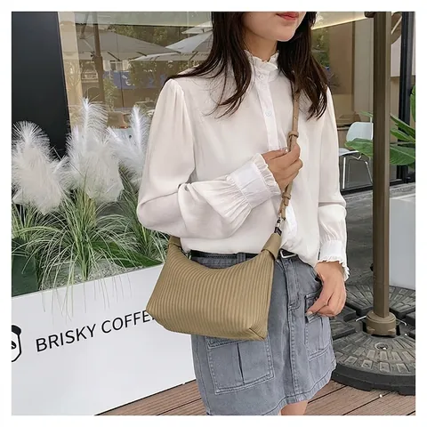 Borsa Hobo In Pelle PU Pieghettata Donne Moda Trama A Coste Borsa A Spalla Con Manico Chiusura Lampo