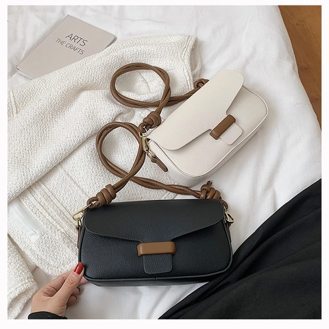 Bolso De Hombro Minimalista Para Mujer Cuero PU Patrón Lychee Bolso Cuadrado Pequeño Color Contrastado Correa Anudada Retro