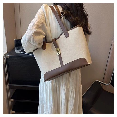 Borsa Tote In Tela Patchwork Da Donna In Pelle PU Grande Borsa A Mano Semplice Retro Borsa A Spalla Con Chiusura In Metallo